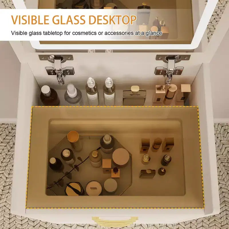 Table de Maquillage 3 en 1 avec Banc, Miroir Lumineux, Tiroirs et Plateau en Verre Visible, Blanc