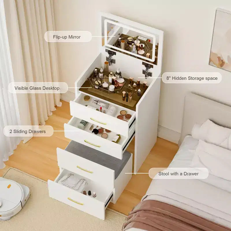 Table de Maquillage 3 en 1 avec Banc, Miroir Lumineux, Tiroirs et Plateau en Verre Visible, Blanc