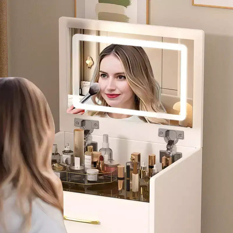 Table de Maquillage 3 en 1 avec Banc, Miroir Lumineux, Tiroirs et Plateau en Verre Visible, Blanc
