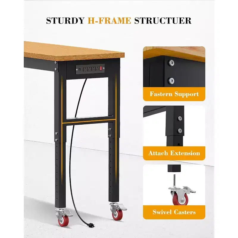 Établi de garage réglable en hauteur de 60 po avec plateau en bois massif, capacité de 2200 lb, prises de courant et pieds antidérapants, robuste