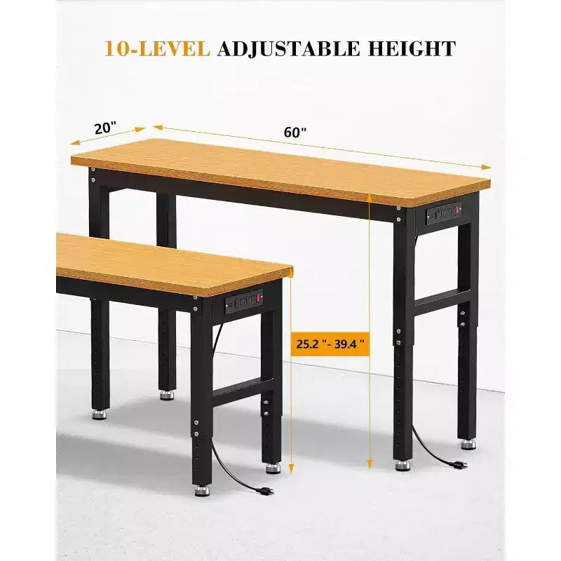 Établi de garage réglable en hauteur de 60 po avec plateau en bois massif, capacité de 2200 lb, prises de courant et pieds antidérapants, robuste