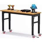 Établi de garage réglable en hauteur de 60 po avec plateau en bois massif, capacité de 2200 lb, prises de courant et pieds antidérapants, robuste