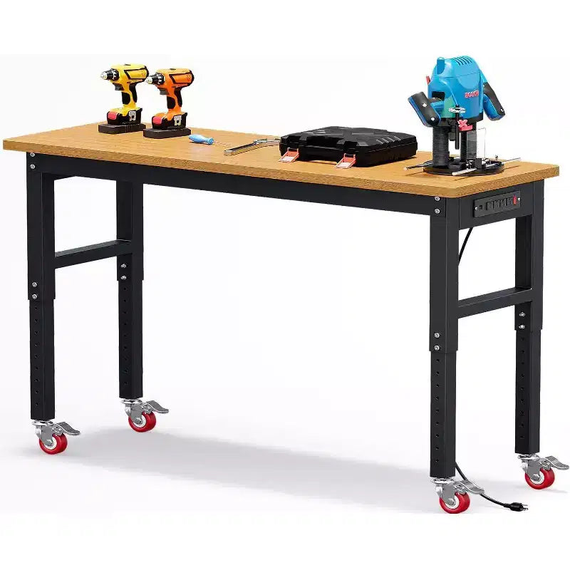 Établi de garage réglable en hauteur de 60 po avec plateau en bois massif, capacité de 2200 lb, prises de courant et pieds antidérapants, robuste