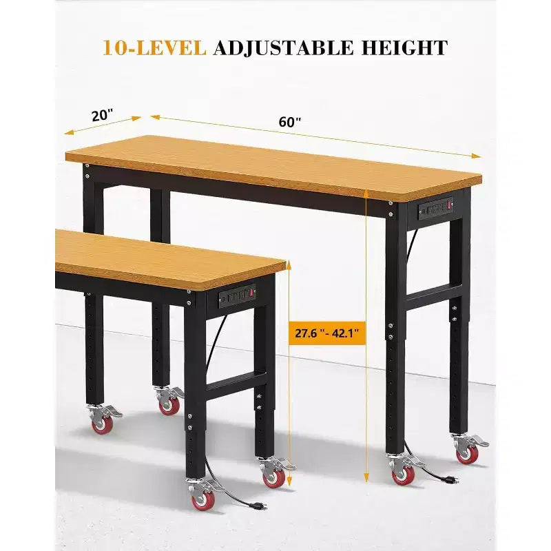 Établi de garage réglable en hauteur de 60 po avec plateau en bois massif, capacité de 2200 lb, prises de courant et pieds antidérapants, robuste