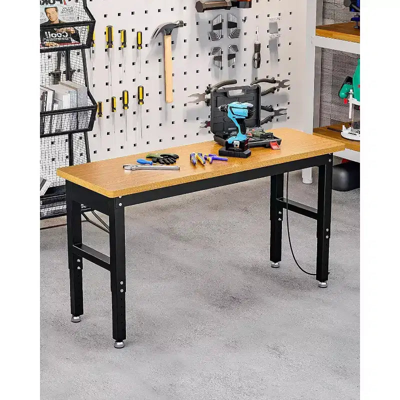 Acekool 60 Adjustable Height Garage Workbench with Solid Wood Top, 2200 lbs Capacity, Power Outlets & Non-Slip Feet, Heavy Duty