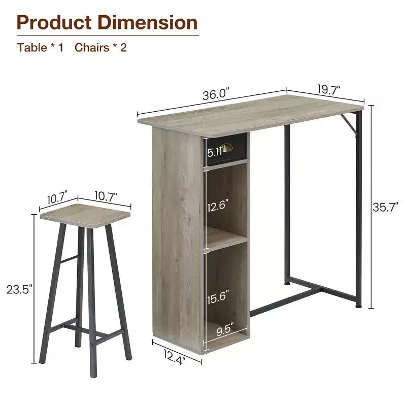 Ensemble de 3 pièces table et chaises de bar compacte Table de pub avec tiroir de rangement et étagère, Rétro