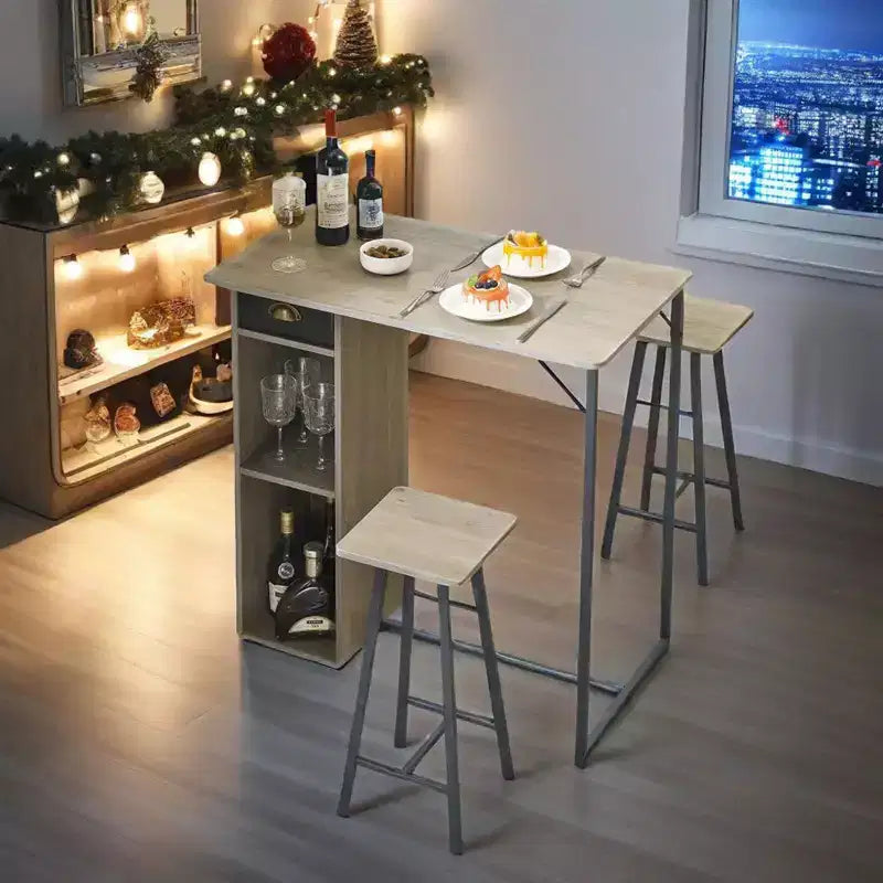 Ensemble de 3 pièces table et chaises de bar compacte Table de pub avec tiroir de rangement et étagère, Rétro