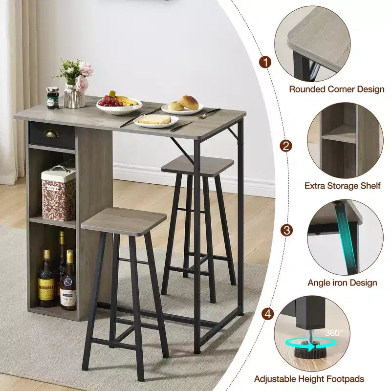 Ensemble de 3 pièces table et chaises de bar compacte Table de pub avec tiroir de rangement et étagère, Rétro