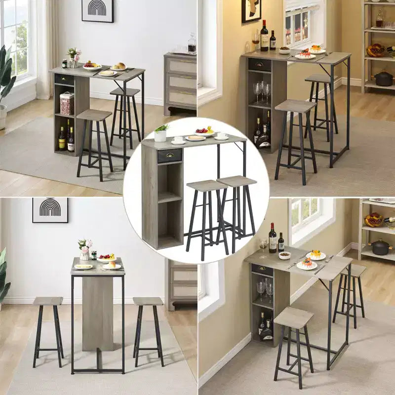 Ensemble de 3 pièces table et chaises de bar compacte Table de pub avec tiroir de rangement et étagère, Rétro