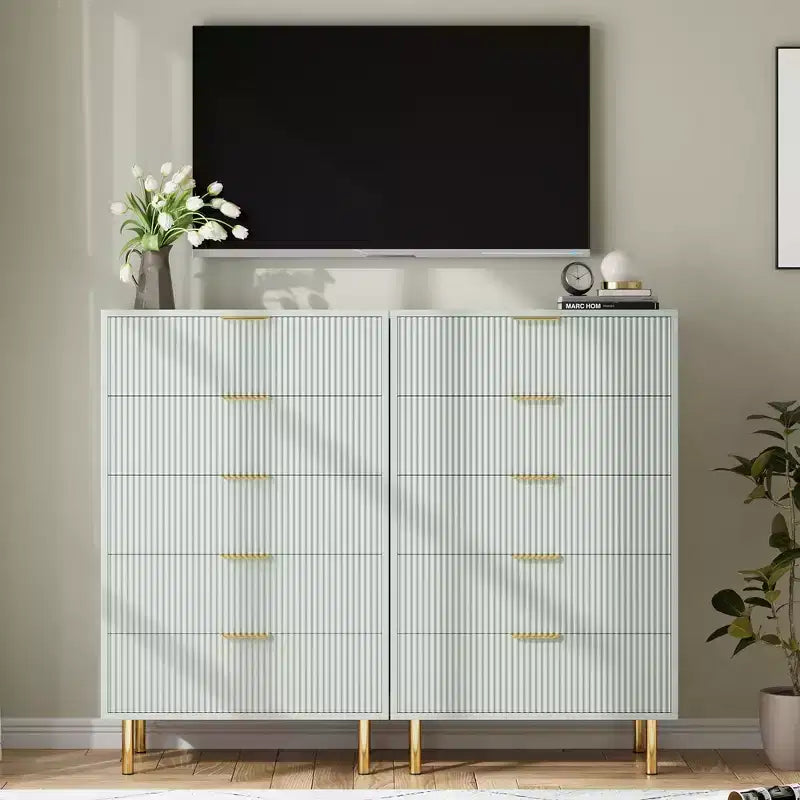 Commode Verte, Commode Moderne à 5 Tiroirs pour Chambre avec Dorure et Grand Tiroir, Commode Double en Bois, Verte