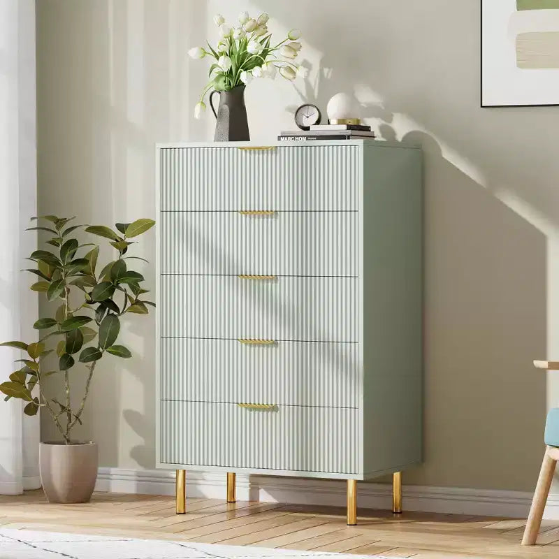 Commode Verte, Commode Moderne à 5 Tiroirs pour Chambre avec Dorure et Grand Tiroir, Commode Double en Bois, Verte