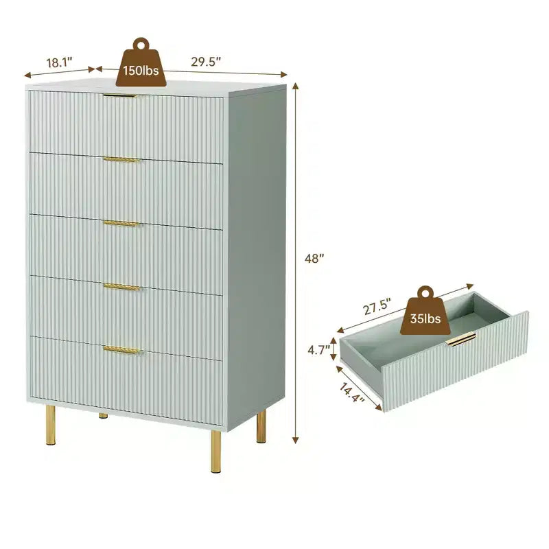 Commode Verte, Commode Moderne à 5 Tiroirs pour Chambre avec Dorure et Grand Tiroir, Commode Double en Bois, Verte