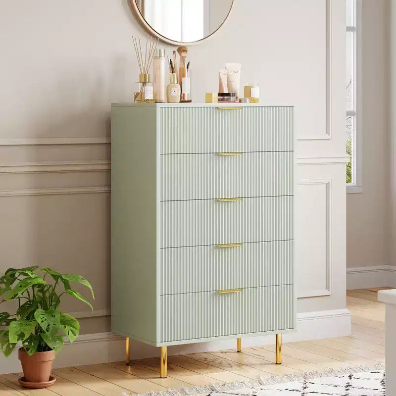 Commode Verte, Commode Moderne à 5 Tiroirs pour Chambre avec Dorure et Grand Tiroir, Commode Double en Bois, Verte