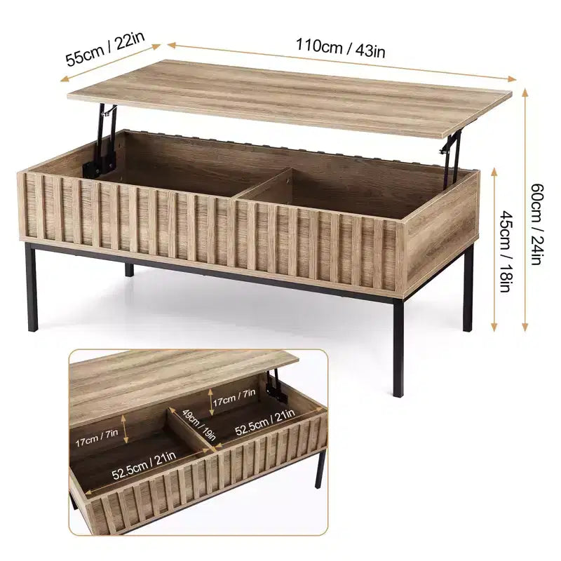 Table basse relevable, table basse moderne du milieu du siècle, table basse en bois de style rustique avec compartiment de rangement caché, table basse rustique