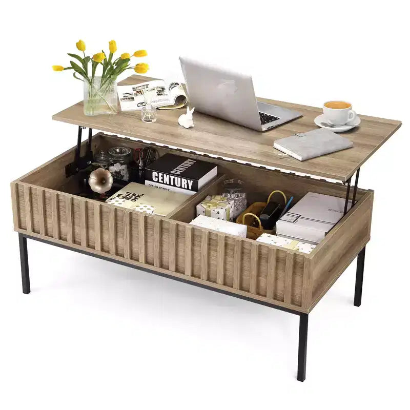 Table basse relevable, table basse moderne du milieu du siècle, table basse en bois de style rustique avec compartiment de rangement caché, table basse rustique