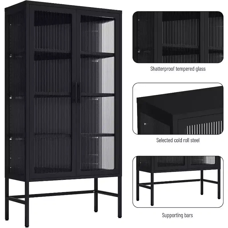 Vitrine avec portes en verre, meuble de curiosités avec étagères réglables à 3 niveaux Meuble de rangement pour la maison, le salon et le bureau Noir