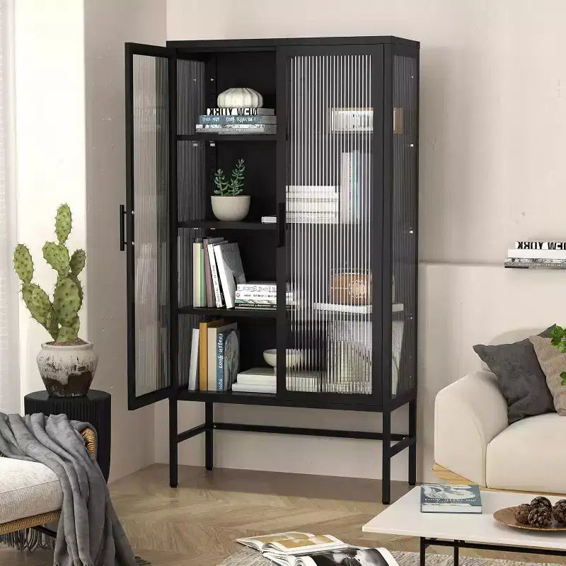 Vitrine avec portes en verre, meuble de curiosités avec étagères réglables à 3 niveaux Meuble de rangement pour la maison, le salon et le bureau Noir