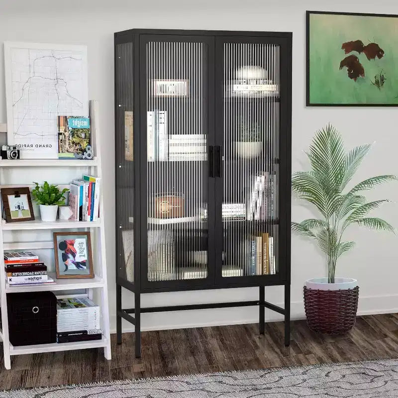 Vitrine avec portes en verre, meuble de curiosités avec étagères réglables à 3 niveaux Meuble de rangement pour la maison, le salon et le bureau Noir
