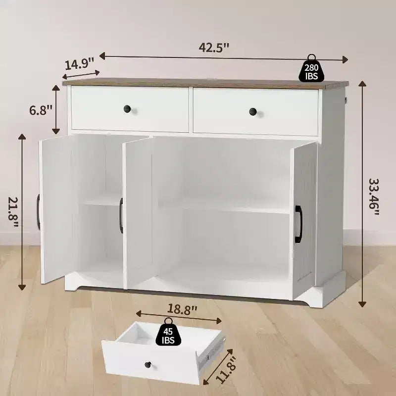 Buffet de ferme 42,5 po – Bahut de rangement avec tiroirs et étagère réglable pour la salle à manger