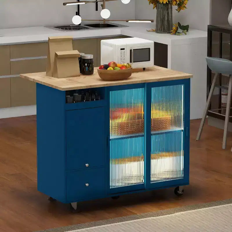 Dessertes de cuisine roulantes avec lumière LED, îlot de cuisine avec étagère réglable et 2 tiroirs de rangement, îlot sur roulettes