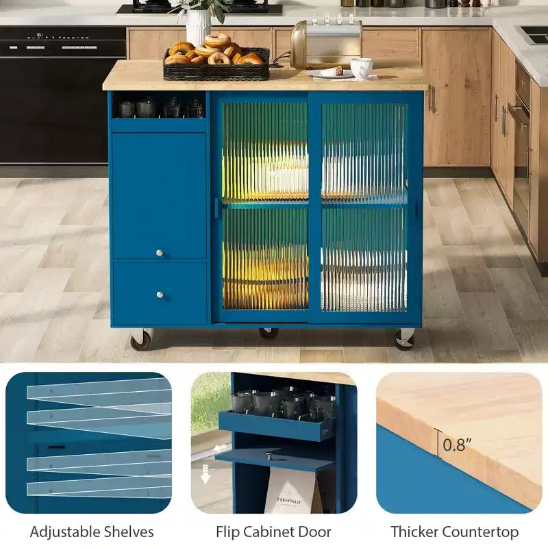 Dessertes de cuisine roulantes avec lumière LED, îlot de cuisine avec étagère réglable et 2 tiroirs de rangement, îlot sur roulettes