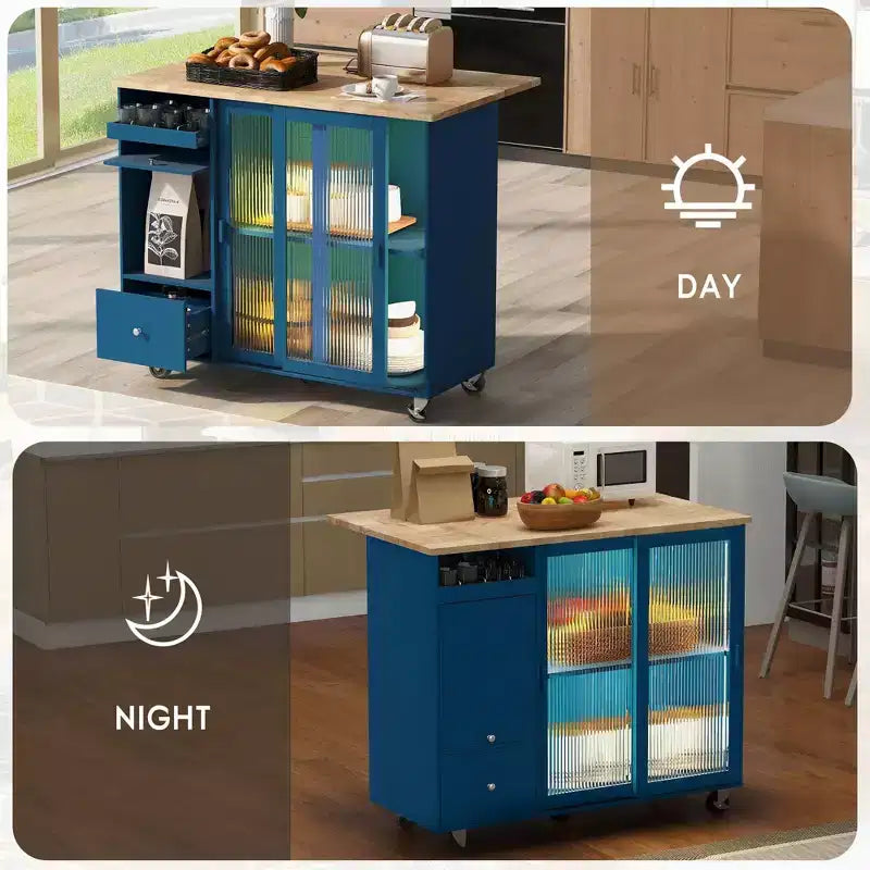 Dessertes de cuisine roulantes avec lumière LED, îlot de cuisine avec étagère réglable et 2 tiroirs de rangement, îlot sur roulettes