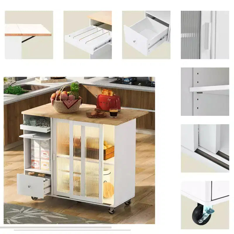 Dessertes de cuisine roulantes avec lumière LED, îlot de cuisine avec étagère réglable et 2 tiroirs de rangement, îlot sur roulettes