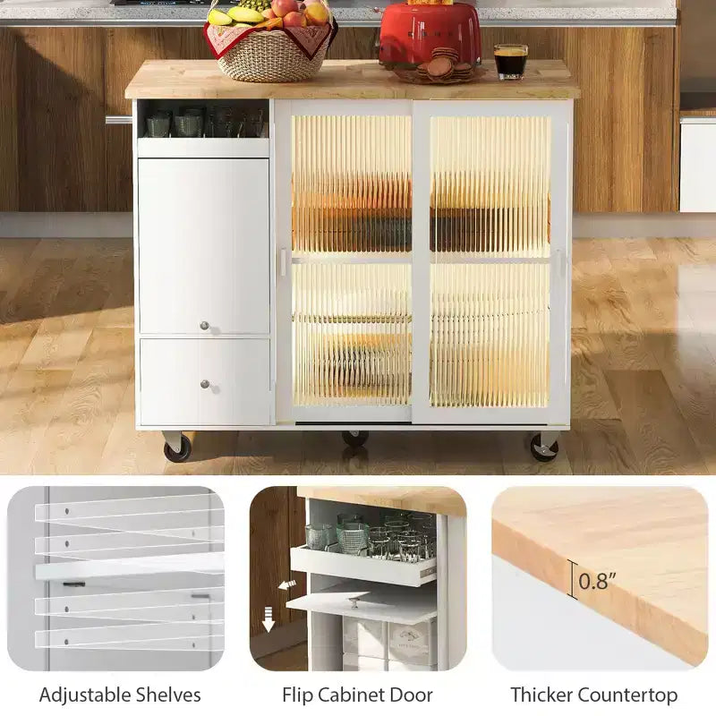 Dessertes de cuisine roulantes avec lumière LED, îlot de cuisine avec étagère réglable et 2 tiroirs de rangement, îlot sur roulettes