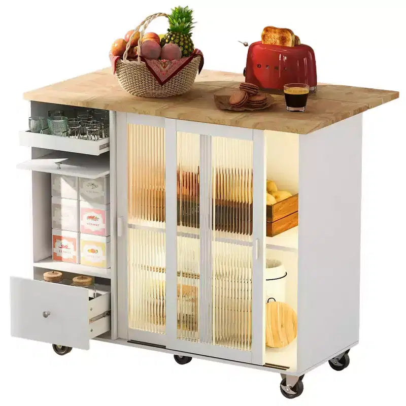 Dessertes de cuisine roulantes avec lumière LED, îlot de cuisine avec étagère réglable et 2 tiroirs de rangement, îlot sur roulettes