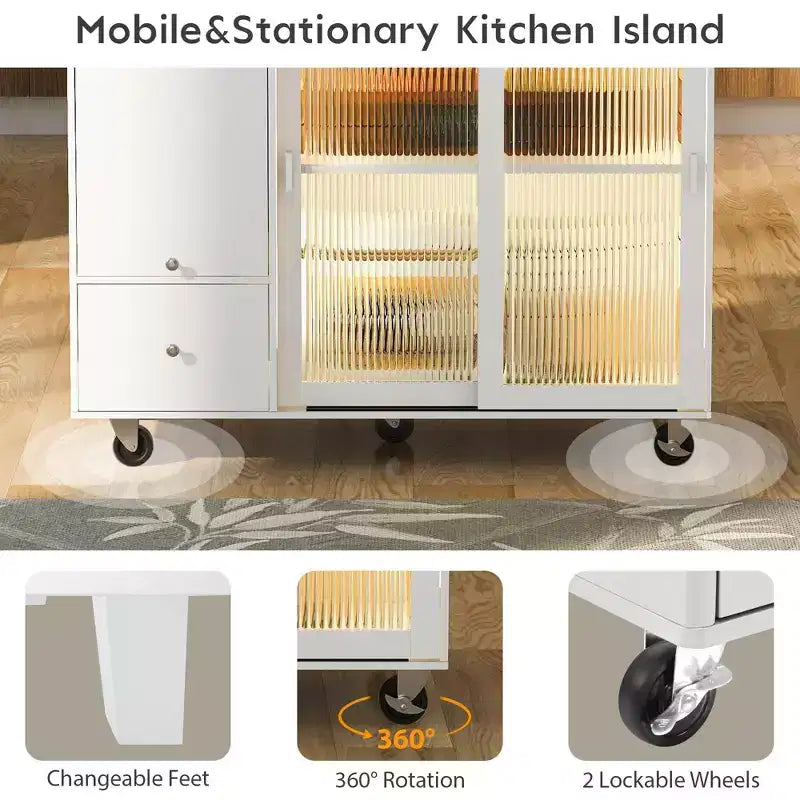 Dessertes de cuisine roulantes avec lumière LED, îlot de cuisine avec étagère réglable et 2 tiroirs de rangement, îlot sur roulettes