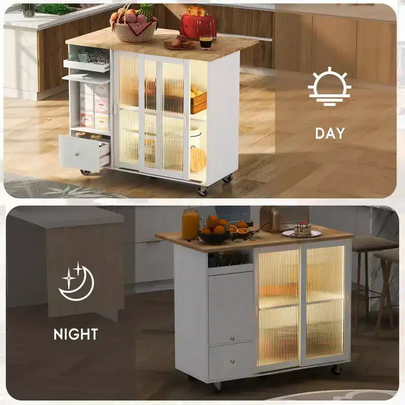 Dessertes de cuisine roulantes avec lumière LED, îlot de cuisine avec étagère réglable et 2 tiroirs de rangement, îlot sur roulettes