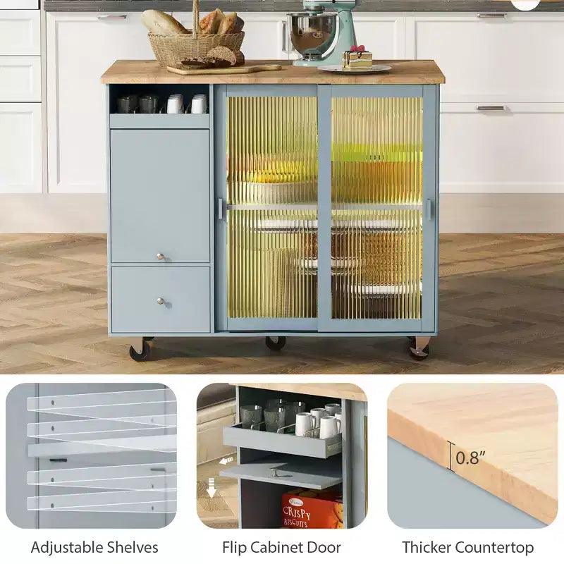 Dessertes de cuisine roulantes avec lumière LED, îlot de cuisine avec étagère réglable et 2 tiroirs de rangement, îlot sur roulettes