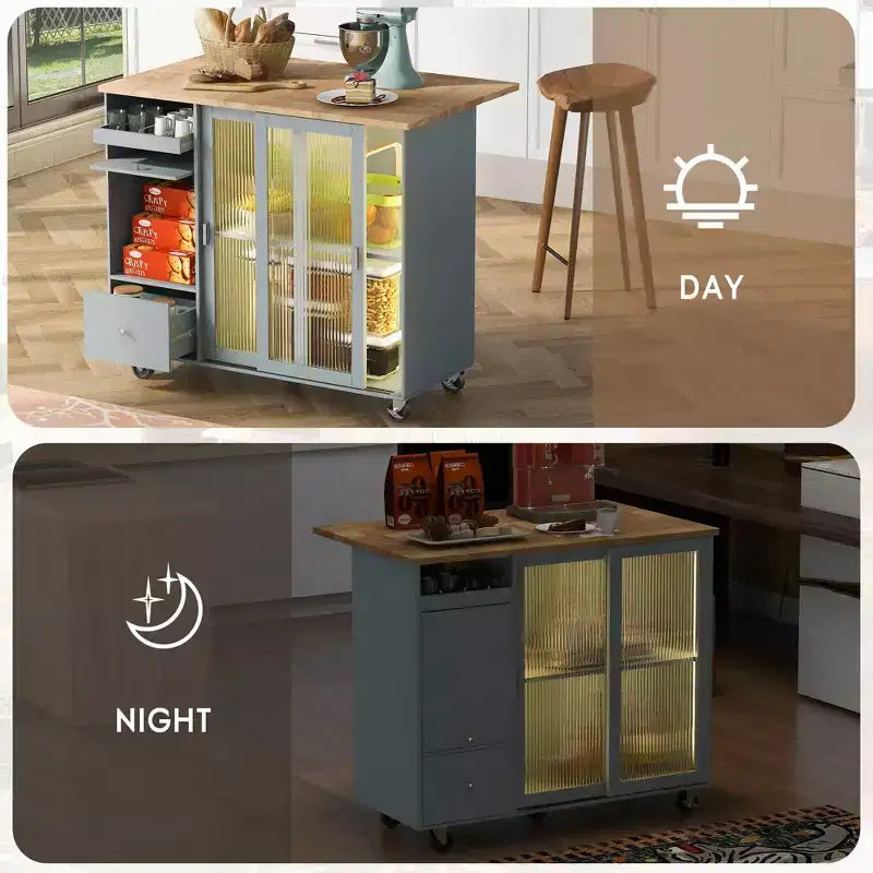 Dessertes de cuisine roulantes avec lumière LED, îlot de cuisine avec étagère réglable et 2 tiroirs de rangement, îlot sur roulettes