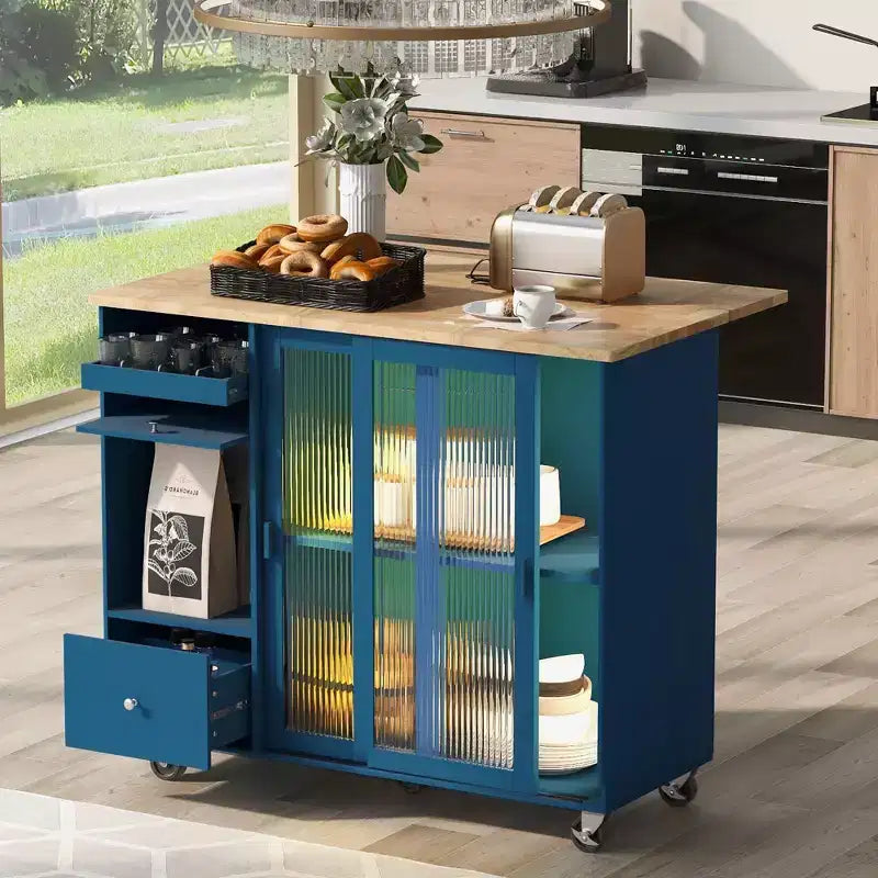 Dessertes de cuisine roulantes avec lumière LED, îlot de cuisine avec étagère réglable et 2 tiroirs de rangement, îlot sur roulettes