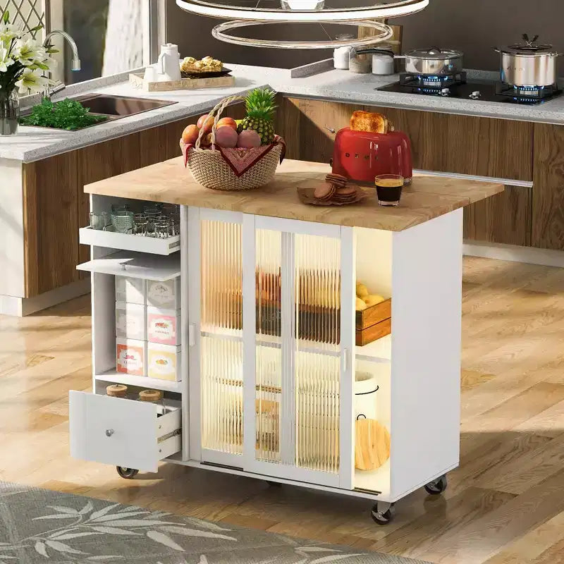 Dessertes de cuisine roulantes avec lumière LED, îlot de cuisine avec étagère réglable et 2 tiroirs de rangement, îlot sur roulettes