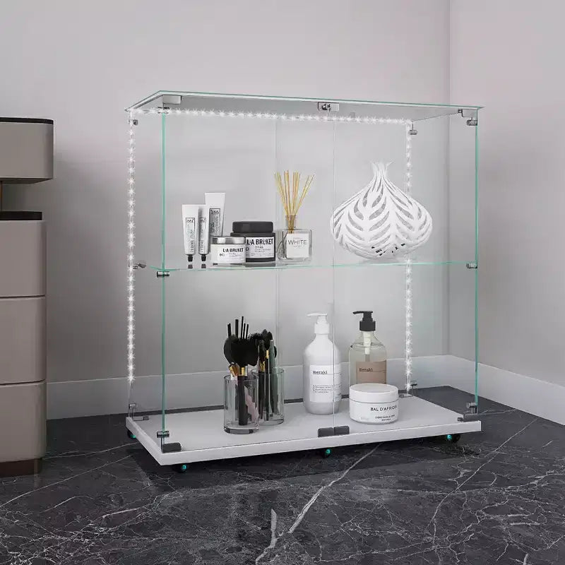 MAYEERTY Tempered Glass Display Cabinet Wine Storage File Cabinet Bluetooth Light Strip Lockable Swivel Casters Living Room Bedroom Office White