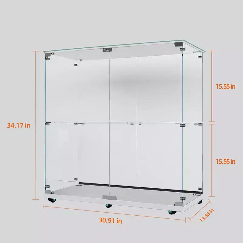 Vitrine en verre trempé, Cave à vin, Meuble de classement, Bande lumineuse Bluetooth, Roulettes pivotantes verrouillables, Salon, Chambre, Bureau, Blanc