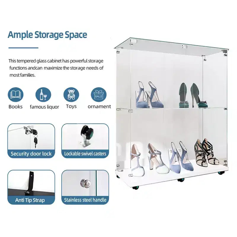 Vitrine en verre trempé, Cave à vin, Meuble de classement, Bande lumineuse Bluetooth, Roulettes pivotantes verrouillables, Salon, Chambre, Bureau, Blanc