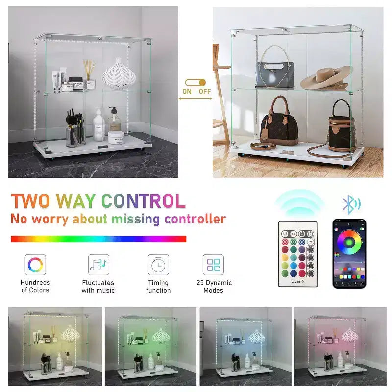 Vitrine en verre trempé, Cave à vin, Meuble de classement, Bande lumineuse Bluetooth, Roulettes pivotantes verrouillables, Salon, Chambre, Bureau, Blanc