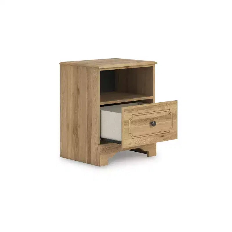 Table de chevet à un tiroir - Finition Chêne brun chaud, Chargement USB-A et USB-C, Étagère de rangement ouverte