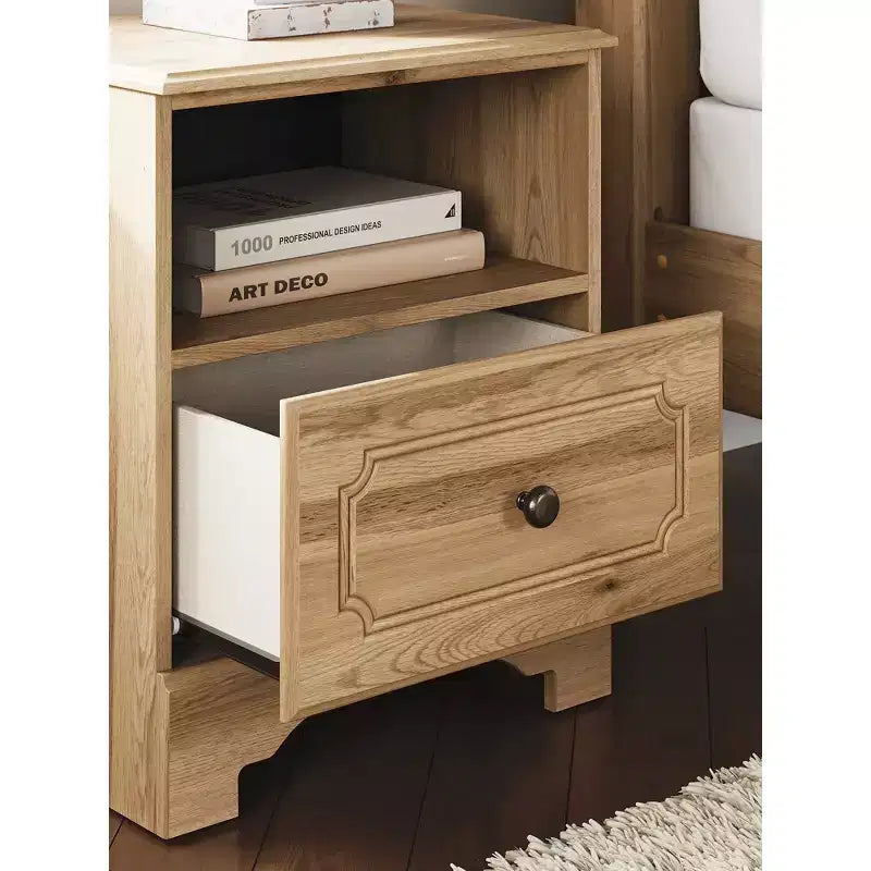 Table de chevet à un tiroir - Finition Chêne brun chaud, Chargement USB-A et USB-C, Étagère de rangement ouverte