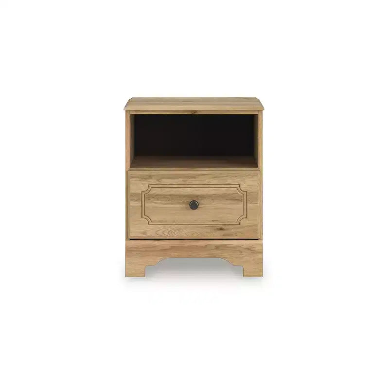 Table de chevet à un tiroir - Finition Chêne brun chaud, Chargement USB-A et USB-C, Étagère de rangement ouverte