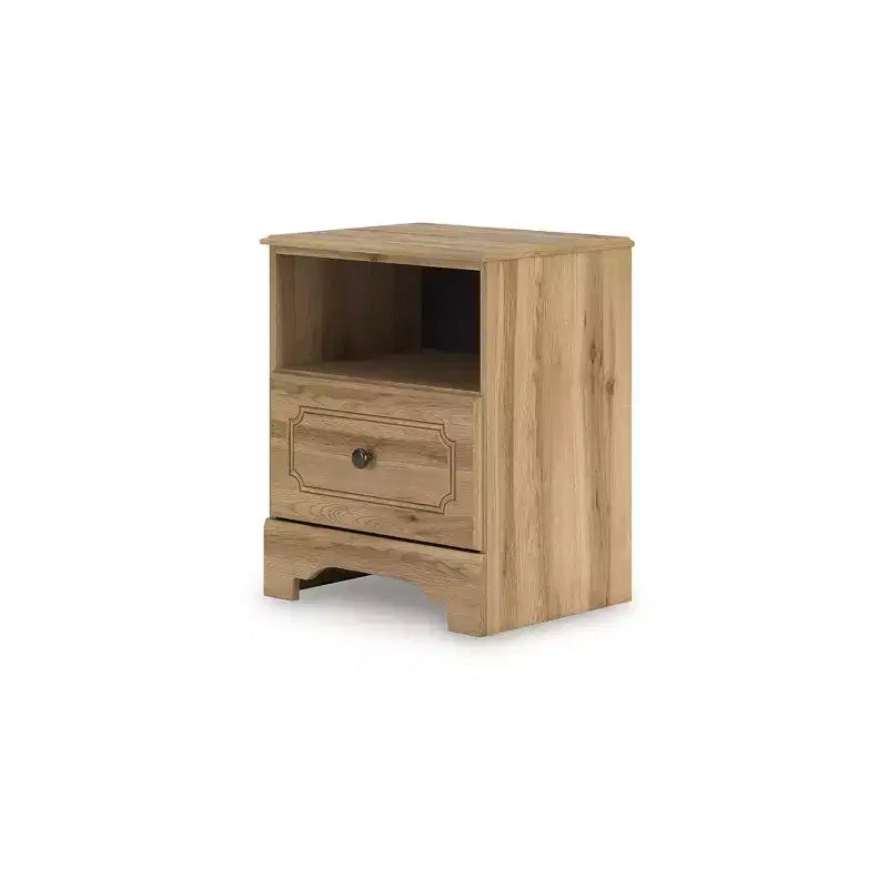 Table de chevet à un tiroir - Finition Chêne brun chaud, Chargement USB-A et USB-C, Étagère de rangement ouverte
