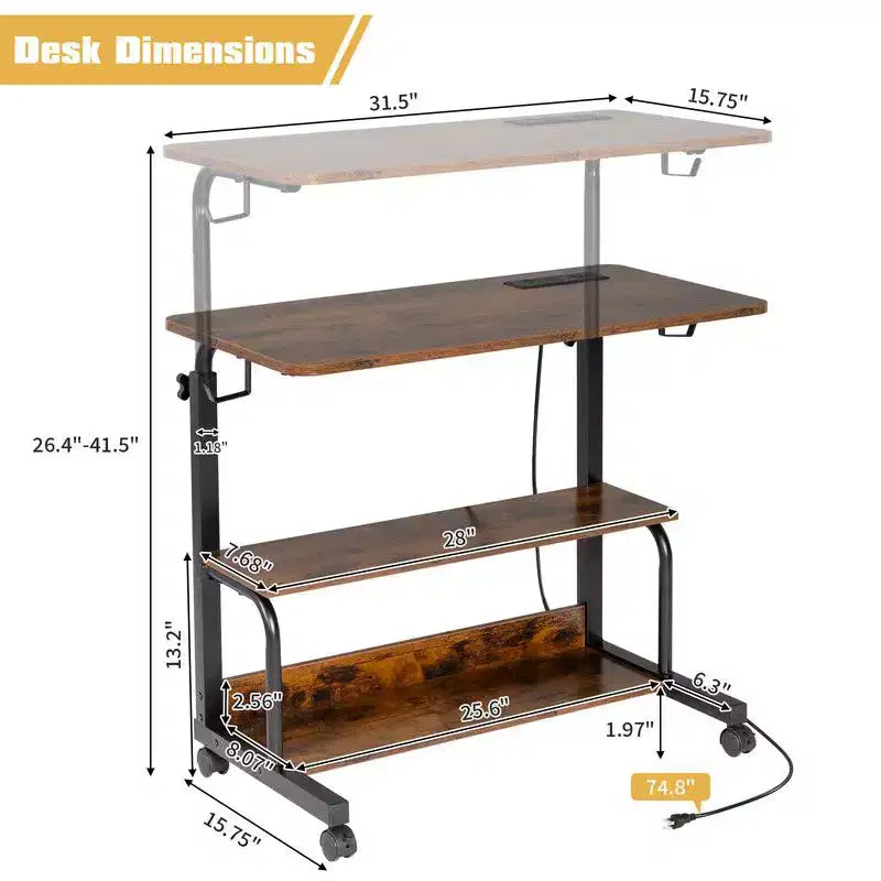 Table d'appoint à roulettes et réglable en hauteur, avec station de charge, 2 ports USB et prises, en bois PB 15MM P2 et acier - Marron