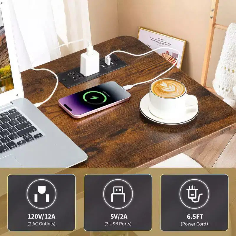 Table d'appoint à roulettes et réglable en hauteur, avec station de charge, 2 ports USB et prises, en bois PB 15MM P2 et acier - Marron