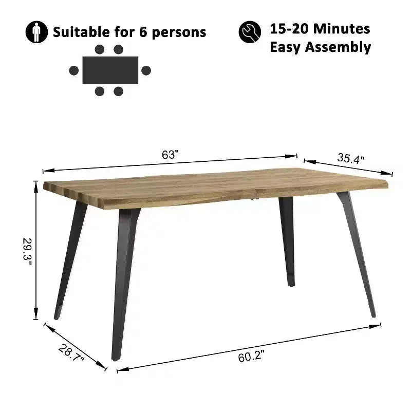 Table à manger rectangulaire de 63 po pour 6 personnes, style bois moderne avec pieds en métal noir