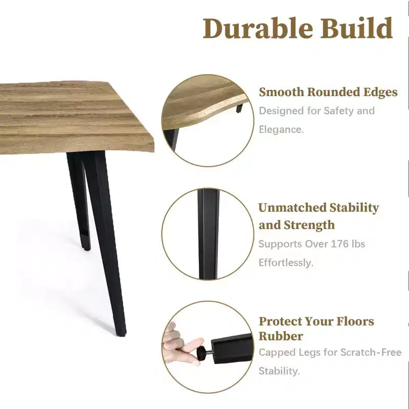 Table à manger rectangulaire de 63 po pour 6 personnes, style bois moderne avec pieds en métal noir