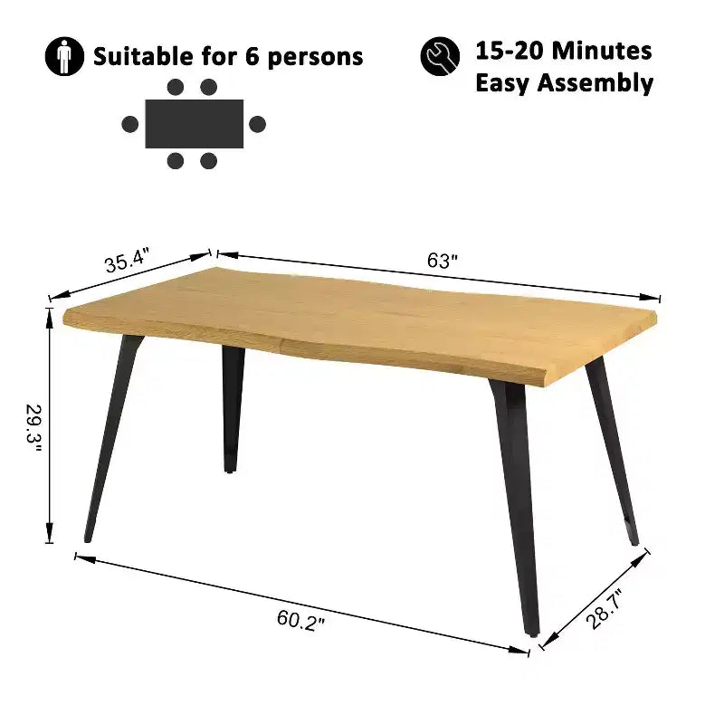 Table à manger rectangulaire de 63 po pour 6 personnes, style bois moderne avec pieds en métal noir