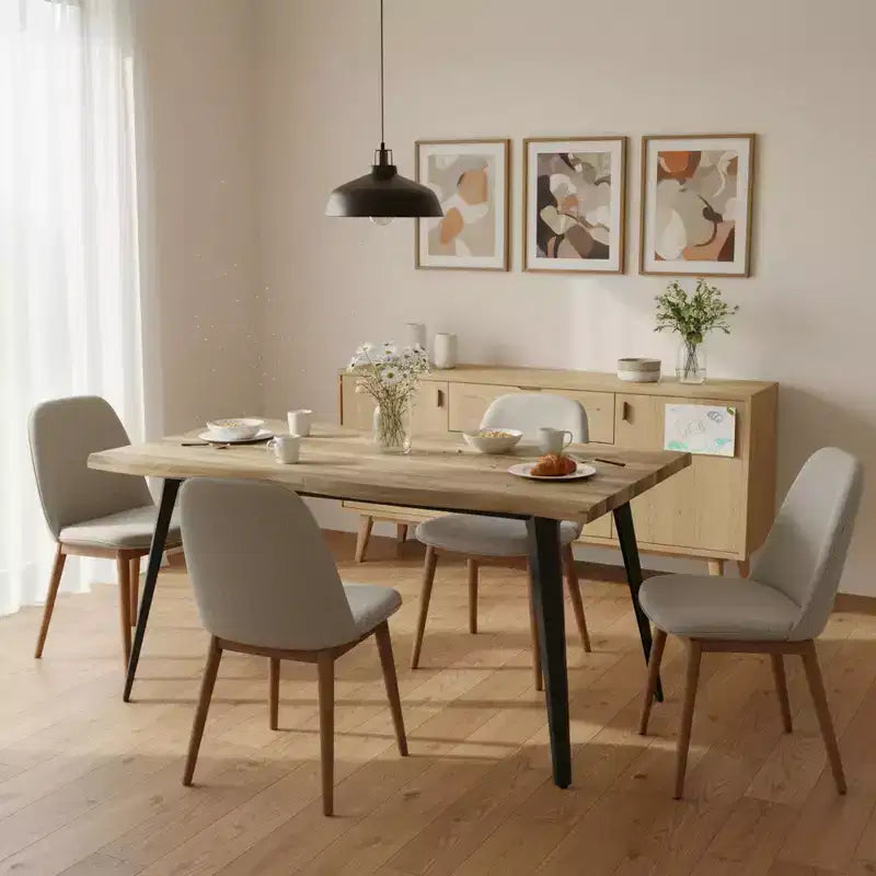Table à manger rectangulaire de 63 po pour 6 personnes, style bois moderne avec pieds en métal noir