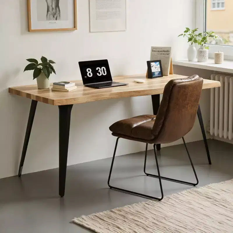 Table à manger rectangulaire de 63 po pour 6 personnes, style bois moderne avec pieds en métal noir